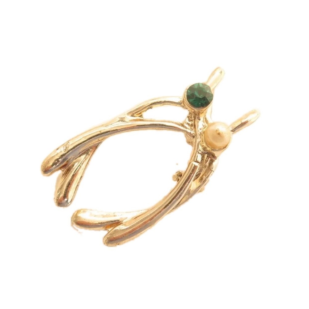 Vintage Small‎ Green Rhinestone Faux Pearl Gold Tone Wishbone Pin Brooch
